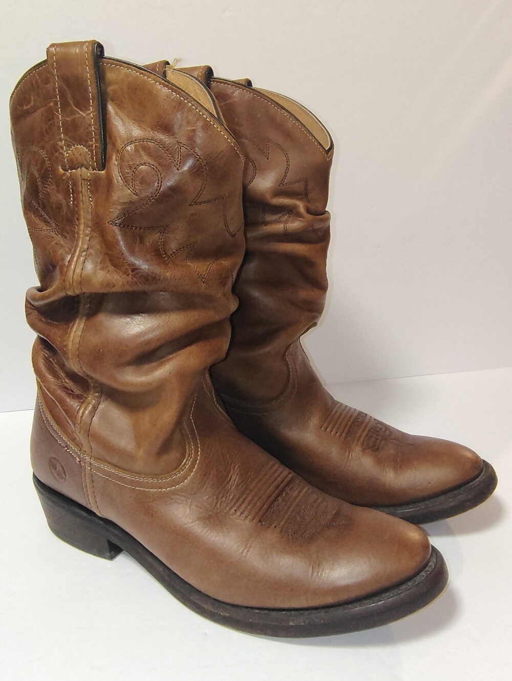 DOUBLE H Women’s  Distressed Tan Leather Slouch Western Pull-On Block Heel Boots